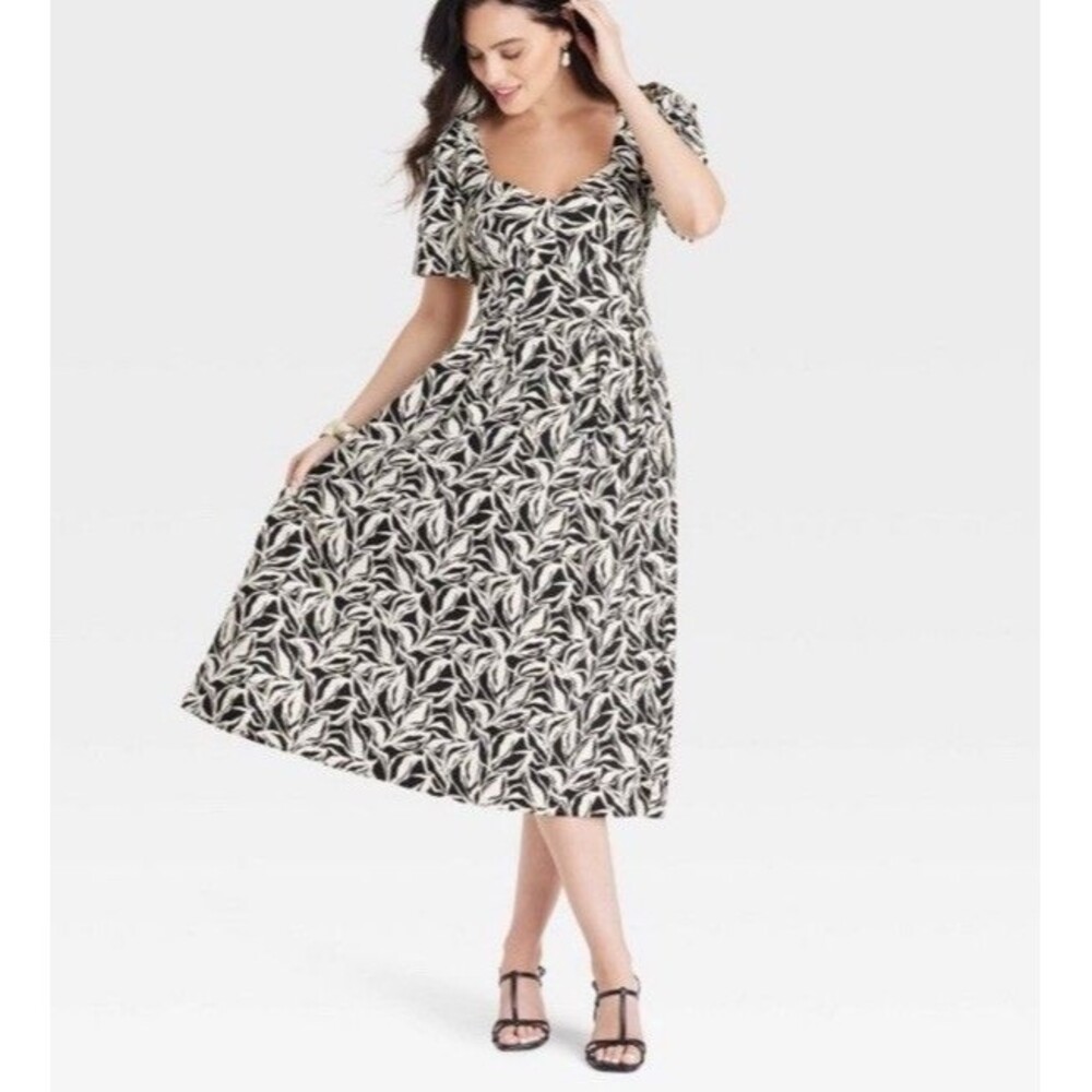 A New Day Womens Puff Sleeve Midi Dress Size 10 Floral Coquette Milkmaid Prairie